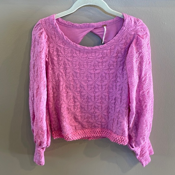 FREE PEOPLE PINK LACE bubble sleeve crop top circular open back elasticized Med - Picture 1 of 15